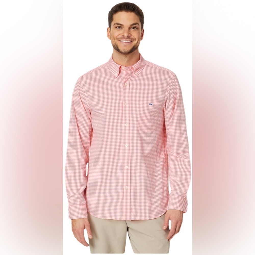 Southern Tide Performance Orange Gingham Button Down Fishing Shirt Size XL